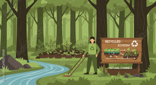 Woman with rake and compost sign in a forest.