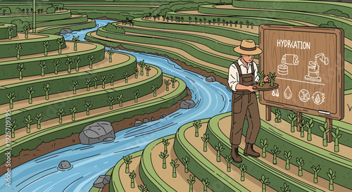 Farmer Explaining Irrigation Techniques on Terraced Fields.