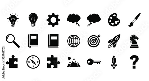 Collection of black icons representing ideas concepts and technology silhouette