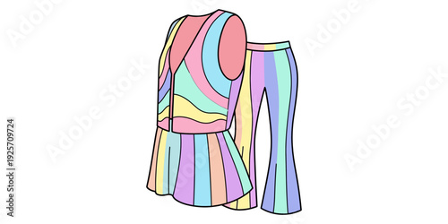 Colorful abstract design dress paired with matching trousers for a vibrant outfit.
