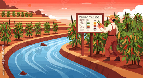 Farmer explaining sustainable irrigation methods for crop cultivation.