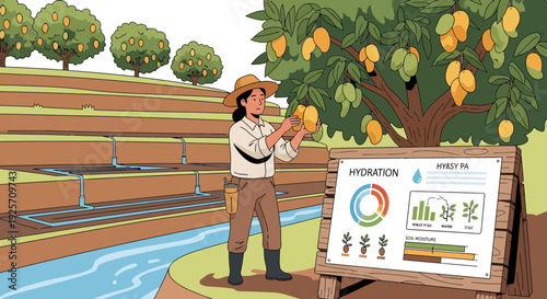 Farmer harvesting mangoes with a data display board.