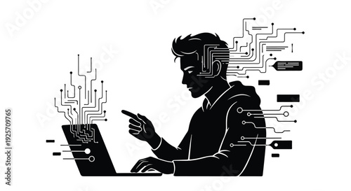 man using laptop with circuit board background