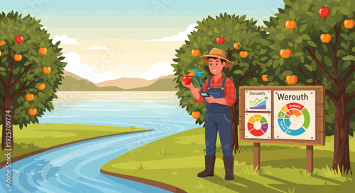 Farmer holding apple next to a board with charts and graphs.