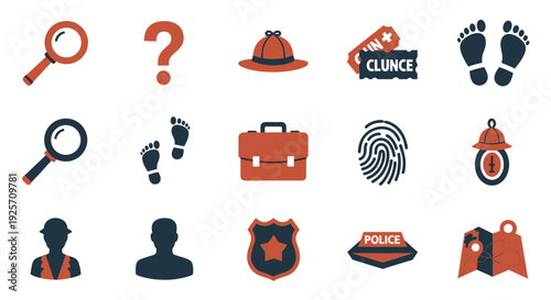 Police investigation icons set with clues and evidence