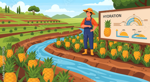 Farmer in a straw hat and overalls standing next to a hydration infographic in a pineapple field.
