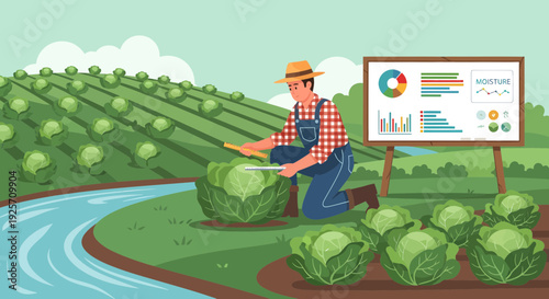 Farmer inspecting cabbage crop in a field with data analysis board.