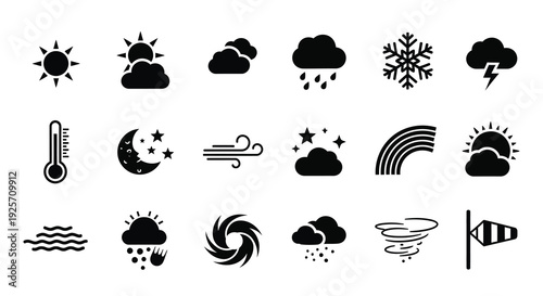 Black weather icons displaying sun clouds rain and temperature silhouette