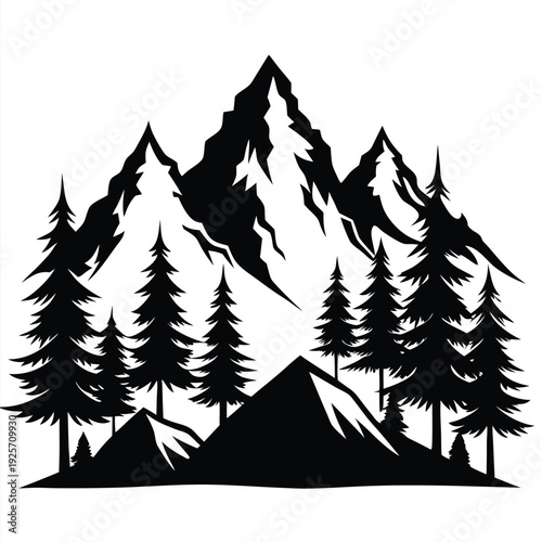 high mountains and evergreen trees silhouette line art vector illustration with a white background