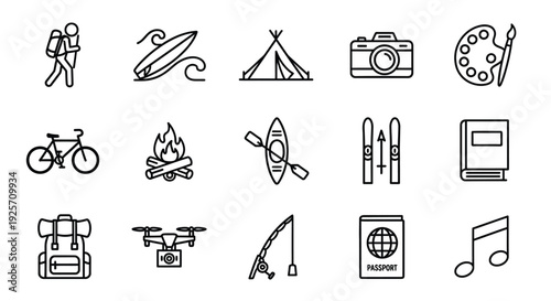 Travel and outdoor adventure icons in a minimalist silhouette