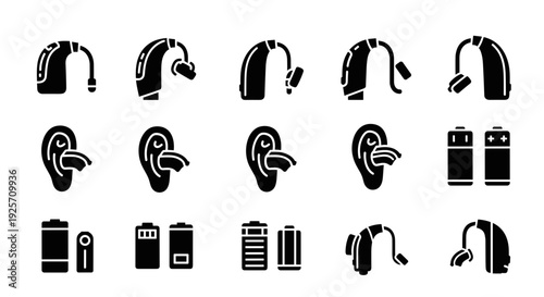 Black icons of hearing aids and batteries