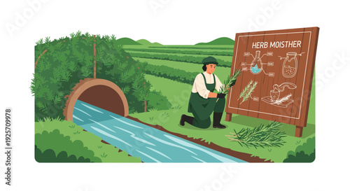 Farmer inspecting crops near water canal with educational board.