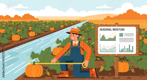 Farmer measuring pumpkin in field with seasonal moisture data.