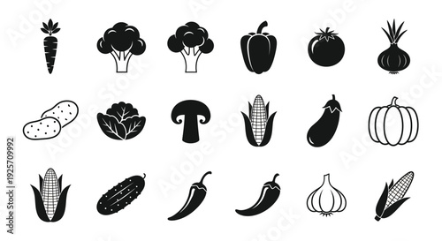 Variety of fresh vegetables depicted in a bold black silhouette