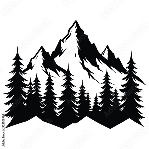 high mountains and evergreen trees silhouette line art vector illustration with a white background