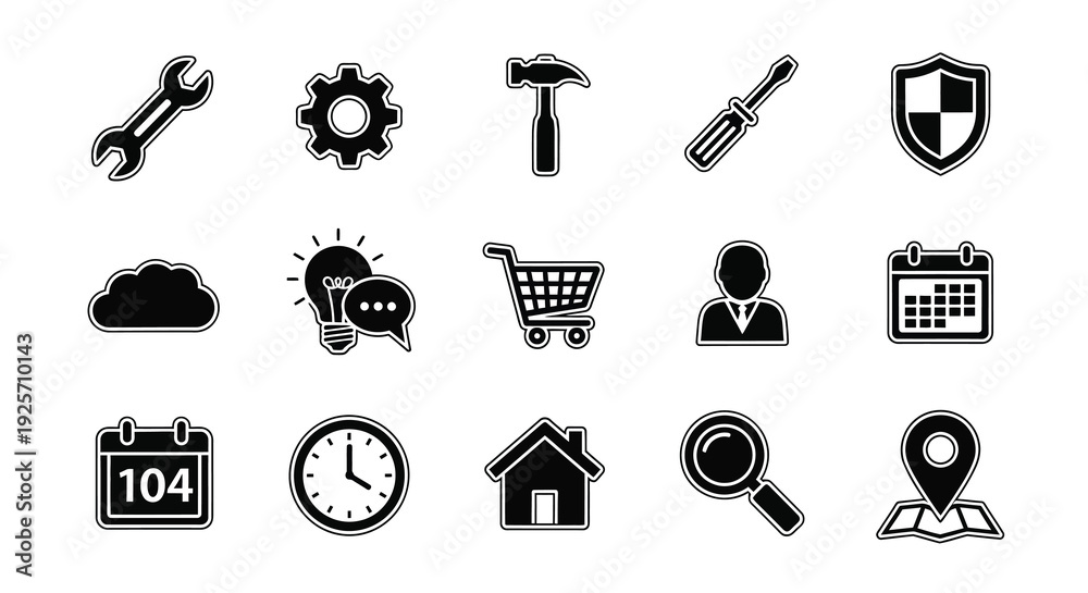 Fototapeta premium Collection of black tool and symbol icons in a simple silhouette
