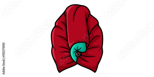 A stylized illustration of a red turban with a green inner lining and folded edge