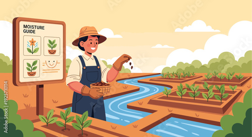 Farmer planting seeds in a garden with a moisture guide.