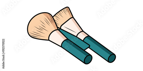 Two makeup brushes with teal handles and light beige bristles placed side by side