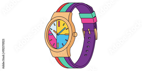 Colorful cartoon wristwatch with vibrant rainbow face and purple strap.