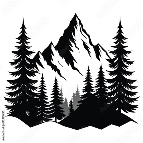 high mountains and evergreen trees silhouette line art vector illustration with a white background