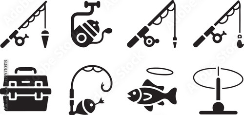 An array of black silhouette icons displaying various types of fishing rods, reels, and related accessories