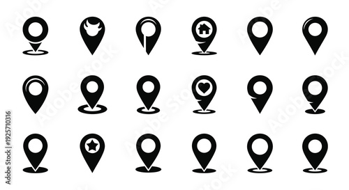 Collection of black map marker icons in a minimalist silhouette