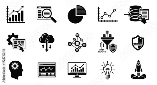 Collection of data analytics and technology icons in black silhouette
