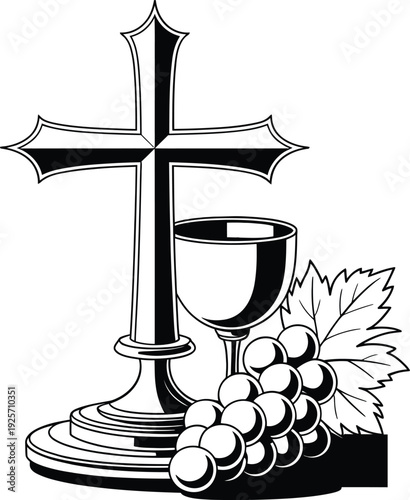 Corpus Christi celebration concept Christian cross chalice grapes and leaves on plate  communion symbols