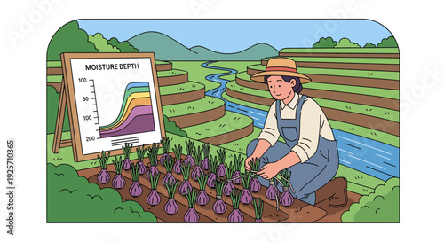 Farmer tending to crops with a moisture depth chart.