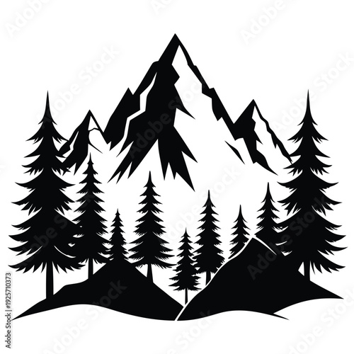 high mountains and evergreen trees silhouette line art vector illustration with a white background