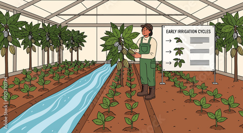 Farmer tending to crops in a greenhouse with irrigation.