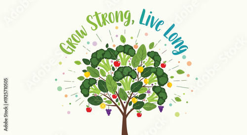 Tree icon with leaves and fruits, Grow Strong Live Long text