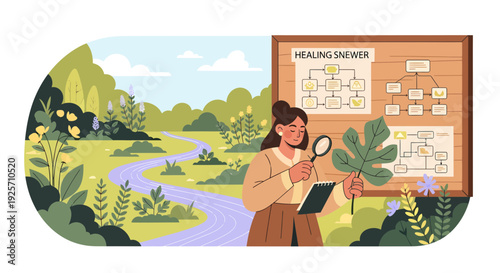 Female botanist studying plant leaf with magnifying glass.
