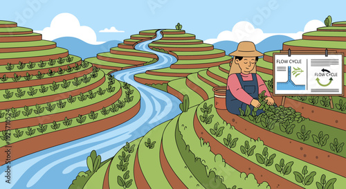 Farmer working in terraced rice paddies with irrigation system diagram.