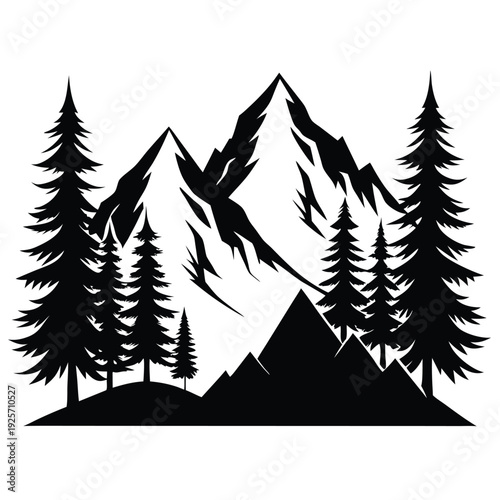 high mountains and evergreen trees silhouette line art vector illustration with a white background