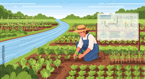 Female farmer tending to crops in a field.