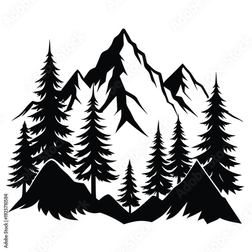 high mountains and evergreen trees silhouette line art vector illustration with a white background