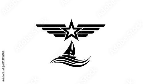 Winged star and sailboat success emblem vector logo design on white background