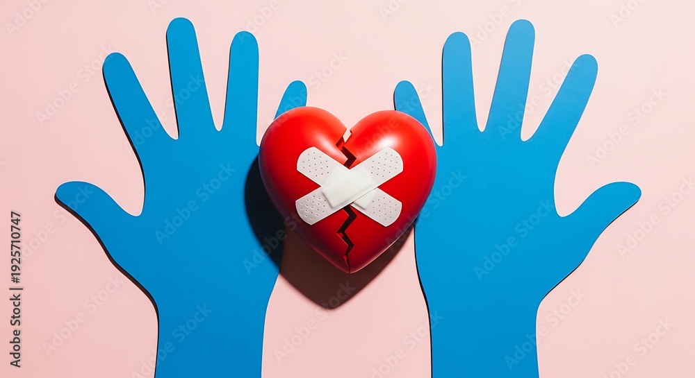 Obraz premium Two blue hands holding a red heart with a white bandage and a crack