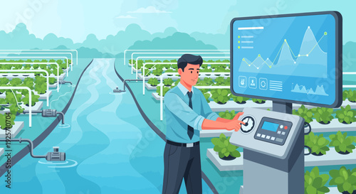 Man operating smart farm control panel for hydroponic agriculture.