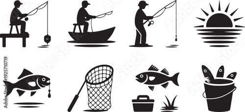 Black silhouettes illustrating peaceful fishing activities and a beautiful sunrise over water