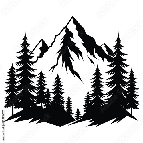 high mountains and evergreen trees silhouette line art vector illustration with a white background