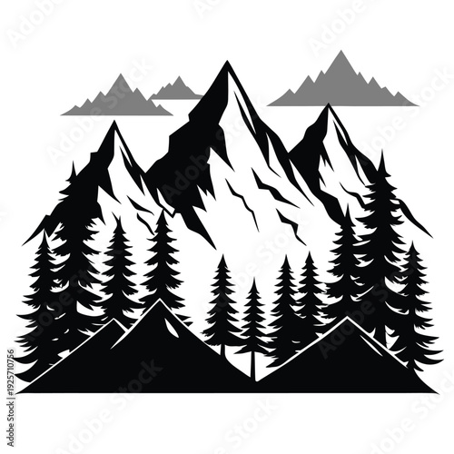high mountains and evergreen trees silhouette line art vector illustration with a white background