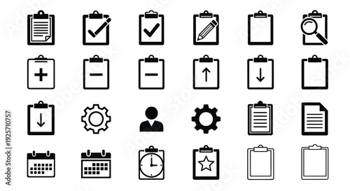 Collection of black clipboard and office supply icons a simple silhouette
