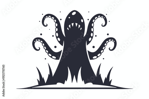 Lovecraftian Horror Monster Silhouette with Long Wavy Tentacles Vector Graphic