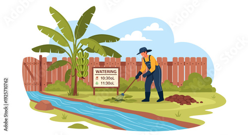 Man working in a garden digging soil near a water canal.