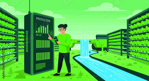 Person monitoring vertical farm production data on a large screen.