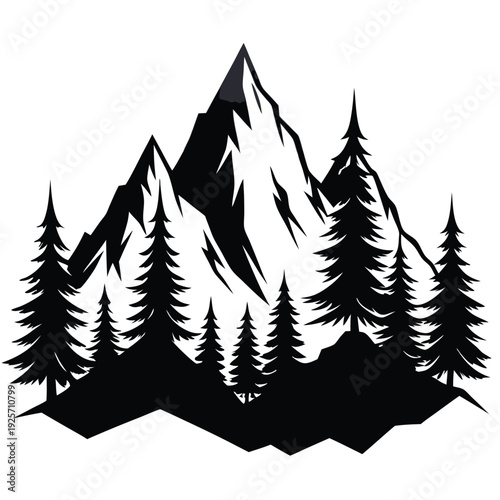 high mountains and evergreen trees silhouette line art vector illustration with a white background