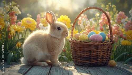 Light brown rabbit sitting next to wicker basket filled with colorful Easter eggs on wooden deck surrounded by flowers